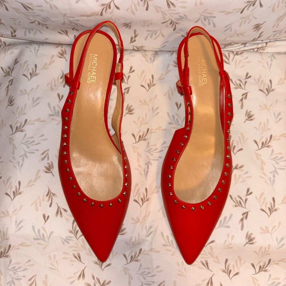 Michael Kors Slingback Pumps Women 8M Red Good Studded Kitten Heel Leather